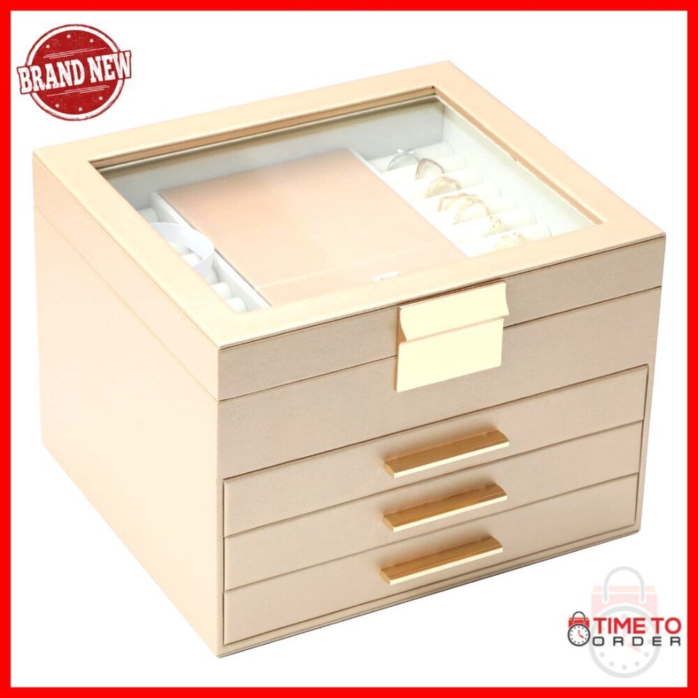 Large 4 Layer Jewelry Organizer Box with Clear Lid and 3 Drawers